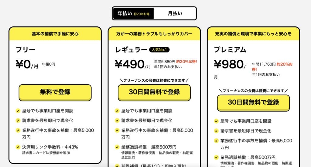 フリーナンスの料金表