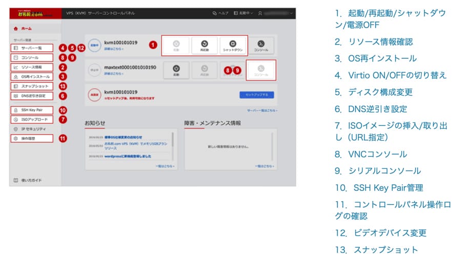 お名前.com VPS コントロールパネル