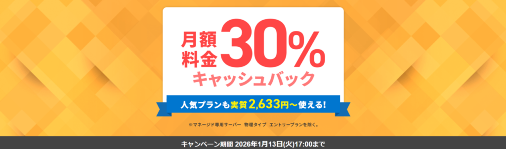 エックスサーバービジネス　12ヶ月以上の契約で適用「月額料金30％キャッシュバックキャンペーン」（2026/1/13まで）