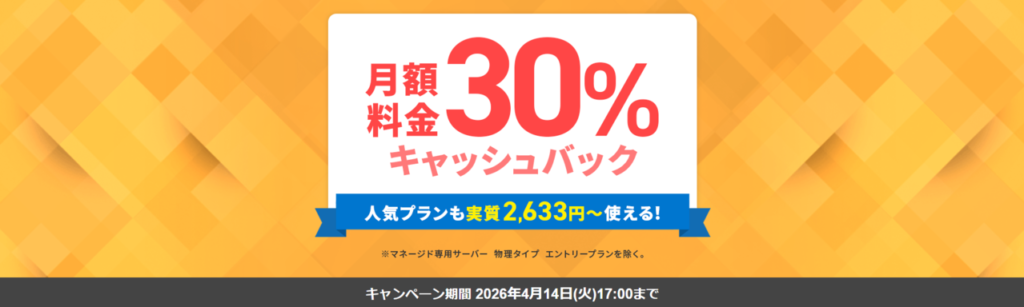 エックスサーバービジネス　12ヶ月以上の契約で適用「月額料金30％キャッシュバックキャンペーン」（2026/1/13まで）