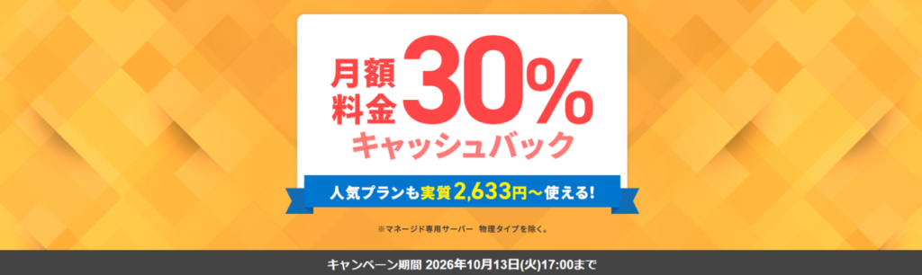 エックスサーバービジネス　12ヶ月以上の契約で適用「月額料金30％キャッシュバックキャンペーン」（2026/10/13まで）