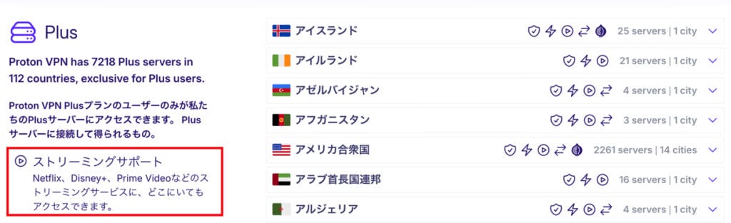 Proton VPN　動画視聴可能サーバー
