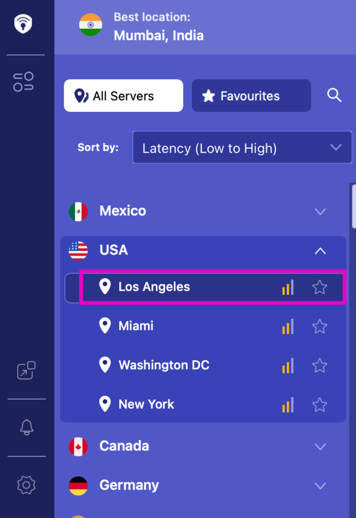 アメリカのサーバーを選択