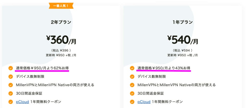 MillenVPN 長期割引特典