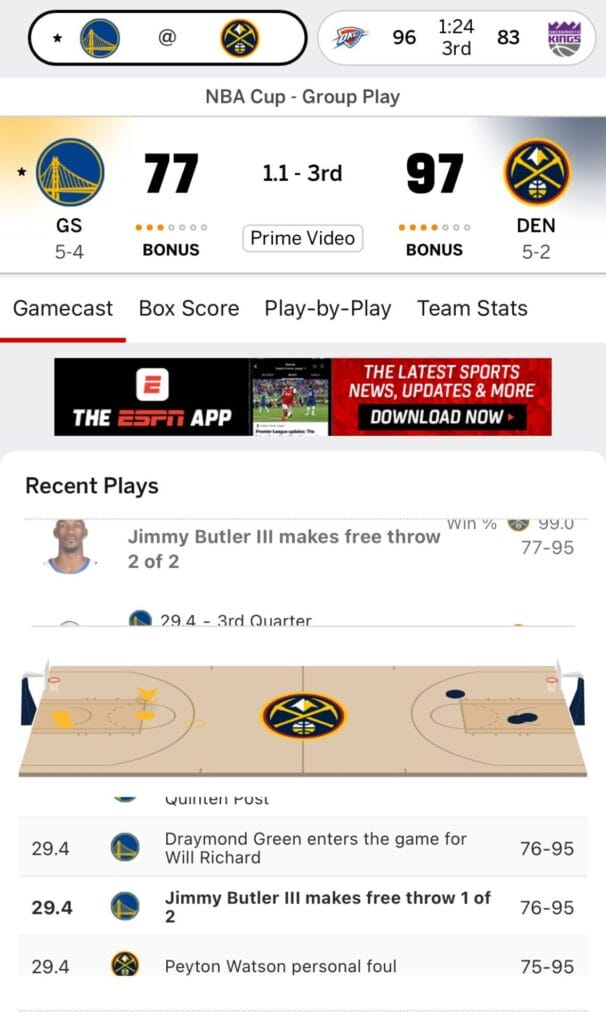 ESPNでNBAの試合状況を確認