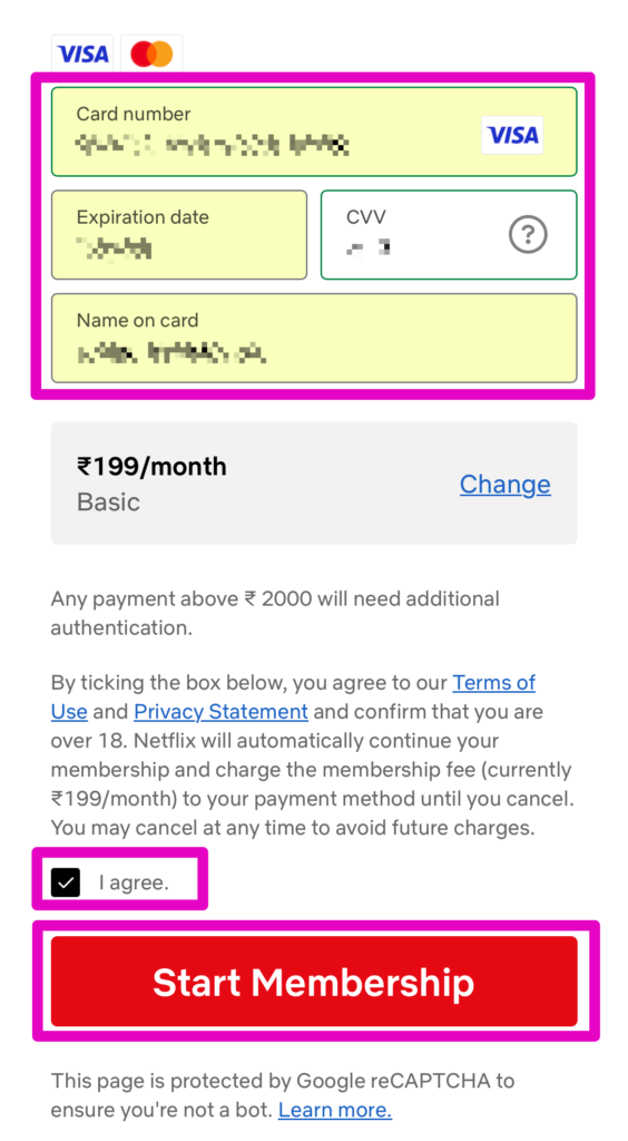 支払い情報を入力して契約完了