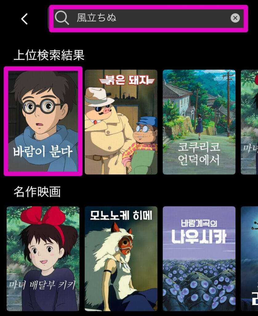 Netflixで「風立ちぬ」を検索