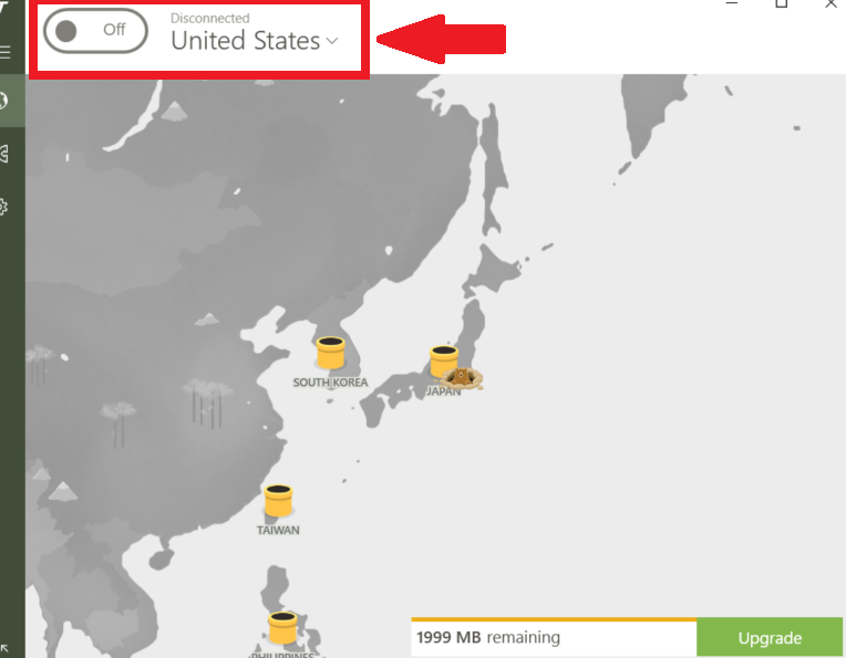 接続したい国を選択するとスイッチが「ON」になる