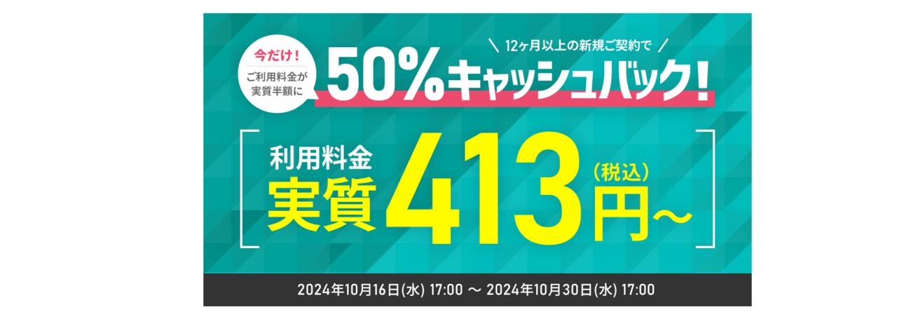 シン・レンタルサーバー　12ヶ月以上契約で413円～「利用料金半額キャッシュバックキャンペーン」（2024/10/30まで）